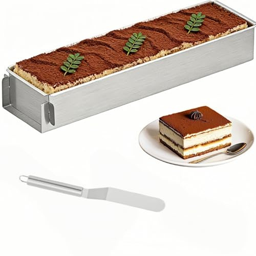 Edelstahl Tiramisu Form Backform Rechteckig,Tiramisu Form mit schaufel,Verstellbar Mousse Kuchenform,Backrahmen Rechteckig Verstellbar,Eckig Schnittkuchenblech für Tiramisu Kuchen Brownies Käsekuchen