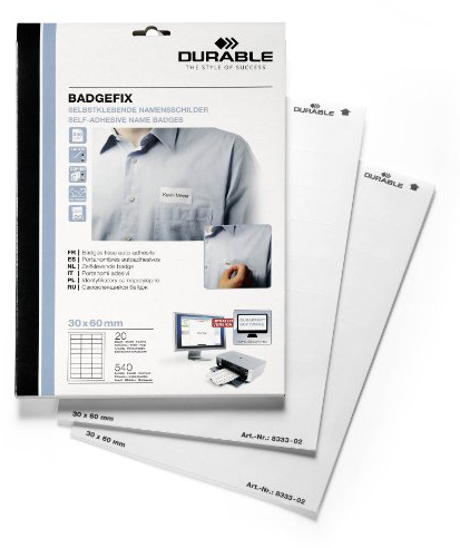 Durable Selbstklebe-Namensschild Badgefix, 30 x 60 mm, weiß, 540 Stück auf 20 Bg., 833302