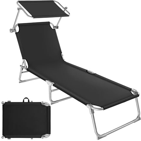 TecTake® Chaise Longue Pliante Portable Bain de Soleil Jardin Exterieur avec Pare Soleil Chaise Longue inclinable Transat de Plage Relax Jardin Camping Salon de Jardin Exterieur - Noir