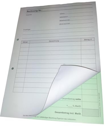 10x Rechnungsblock Block Rechnung DIN A4, 2-fach selbstdurchschreibend,2x50 Blatt weiß/grün - gelocht (22423)