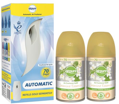 Automatic Air Freshener Unit with 2 Jasmine Essence Refills – Infuse Your Home or Office with an Intense, Exotic Jasmine Fragrance – Floral & Musky Aromatherapy for a Refreshing Ambiance