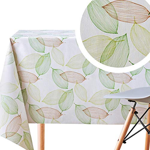 Creme Grau Tischdecke in Grün Braune Blätter, Rechteckige 200 x 140 cm, Abwischbare PVC Wachstuchtischdecke Wasserabweisend mit Blattmuster Natur Motiv Wachstuch Pflegeleicht Wachstischdecke