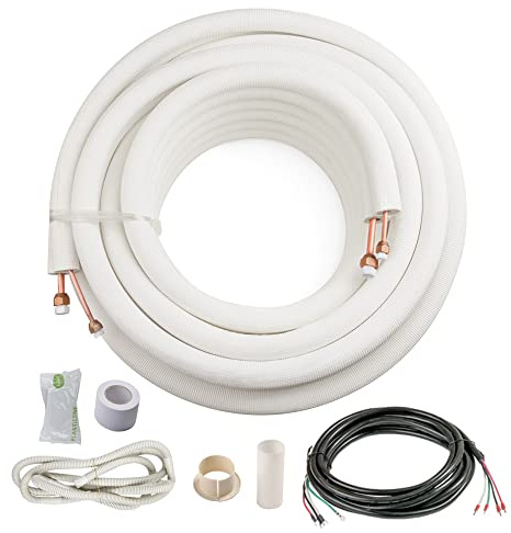 ICOOL 25 Ft. Mini Split Line Set, 1/4 & 3/8 O.D. Twin Copper Pipes, 3/8 Thickened PE Insulated Coil Copper Line with Nuts for Air Conditioner HVAC Refrigeration and Heating Equipment, with Fittings