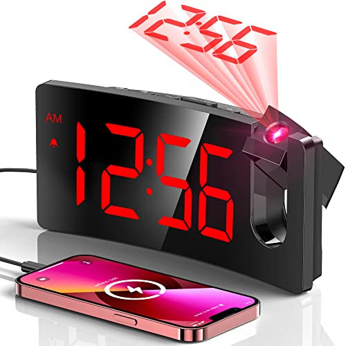 GOLOZA Projection Alarm Clocks Bedside, Digital Clock with 180° Projector, 3-Level Brightness Dimmer, LED Display, USB Charger, Progressive Volume, 9mins Snooze, Digital Alarm Clock for Bedroom