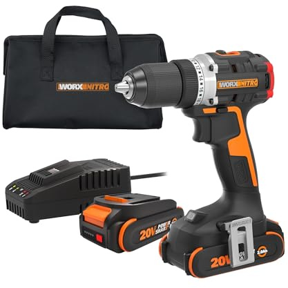 Worx Nitro 20V Cordless 1/2 Drill Driver With Brushless Motor - Compact & Lightweight Set Only 6 and 3 lbs. - Power Share Compatible WX130L - Batteries & Charger Included, Black