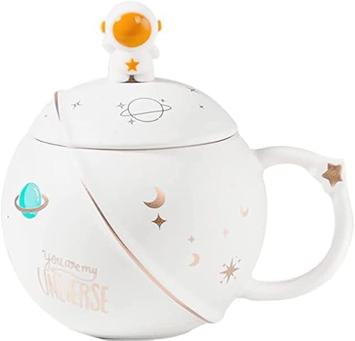 PIPITA Süße Astronauten-Tasse mit Deckel und Löffel, Kawaii-Tasse für Kaffee, Tee und Milch, Tasse, Geschenk, Blau, 400 ml (Weiß)