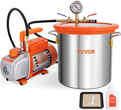 VEVOR Vakuumpump 100 L/min med vakuumkammare 3 gallon 11 L lock av härdat glas Enstegs vakuumpump med 250 ml oljeflaska för trästabilisering Avgasning Silikoner Epoxier