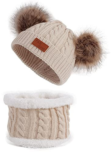 DUHGBNE Säugling Kleinkind Winter süße Mütze für Baby Junge gestrickte warme Ski Mützen schöne Bommel Kinder Mütze 024 Monate Baby Mütze Jungen Neugeboren (Beige, One Size)