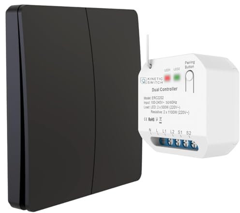 kinetic-switch Funkschalter Set 2-Kanal mit batterielosem 2-fach Funkschalter (IP67) und smartem 2- Kanal Kompakt-Empfänger auch über tuya App sowie Amazon Alexa und Google Home steuerbar (schwarz)
