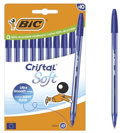 BIC Cristal Soft Kugelschreiber mit mittlerer Spitze (1,2 mm) und Softline Tinte – Blau, Kartonschachtel à 10