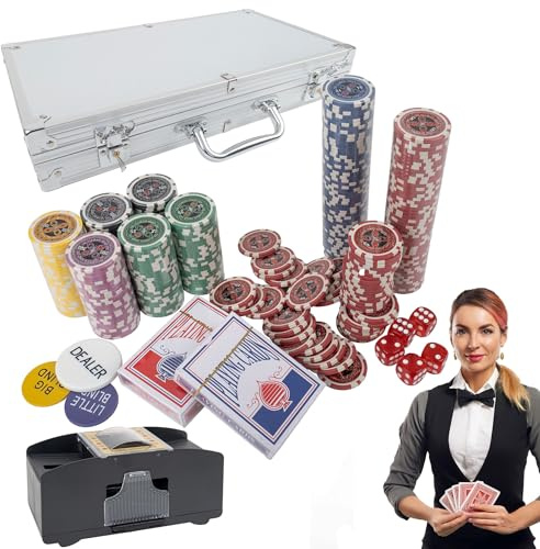 H&F Heimtextilien Pokerkoffer 300 Chips mit Kartenmischer – Premium Set mit 6 Wertstufen, 2 Kartendecks, Würfeln & Dealer-Button im Aluminiumkoffer