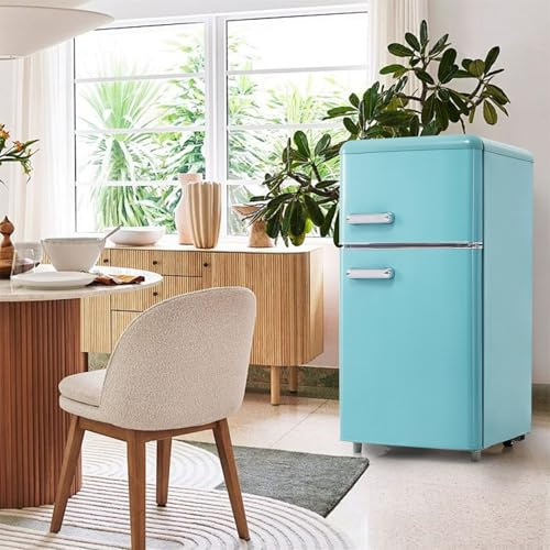 Frigorífico Retro, Combinación Frigorífico-Congelador, Frigorífico De Dos Puertas Superior E Inferior, 72 L De Capacidad Total, Con Congelador De 21 L, 120 Kwh/Año, Iluminación LED,Cyan