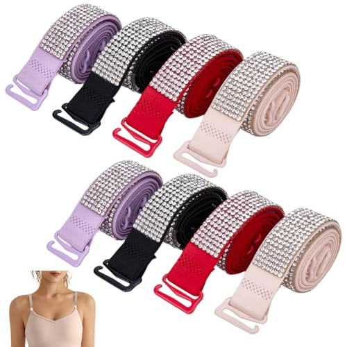 CABODYALS 4 Pairs 4 Colours Rhinestone Bra Strap Non Slip Elastic Replacement Glitter Bling Shiny Sexy Invisiable Shoulder Straps Adjustable for Women Tops Dress Wedding Birthda Ladies Lingerie