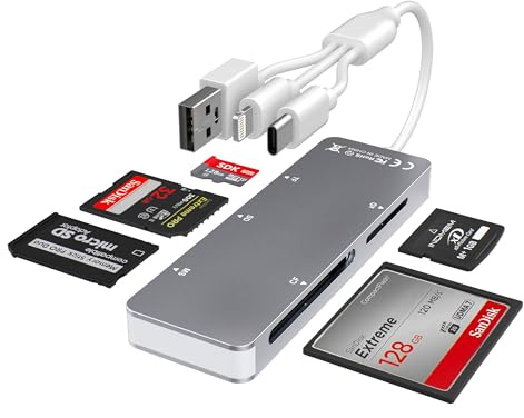 Aluminum 5-in-1 Memory Stick Pro Duo Adapter for iPhone/PC/Android, Lightning USB C USB A Multi Card Reader for SD/TF/CF/MS/XD Cards, High-Speed Data Transfer for Camera/GoPro/Drone