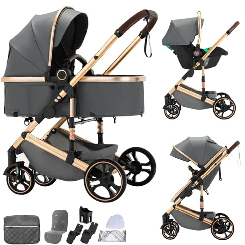 BEBBY 3-i-1-barnvagn, hopfällbar och bärbar kombinerad barnvagn, stadsvagnar med bilstol, paraplyvagn, landskap, hög ram i aluminium för nyfödda (H9-mörkgrå, H9-D)