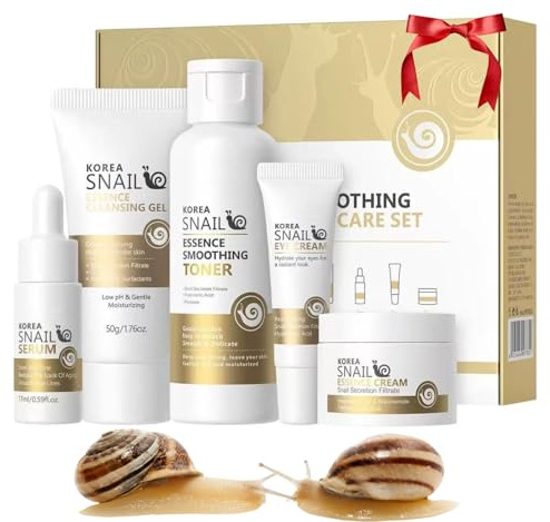 Korean Glass Skin Set,Korean Skincare,5-Step Korea Snail Mucin Skincare Set with Hyaluronic Acid ：Hydrating Cleanser, Toner, Serum, Eye Cream, Moisturiser,Anti-Aging Face Care Kit for Women