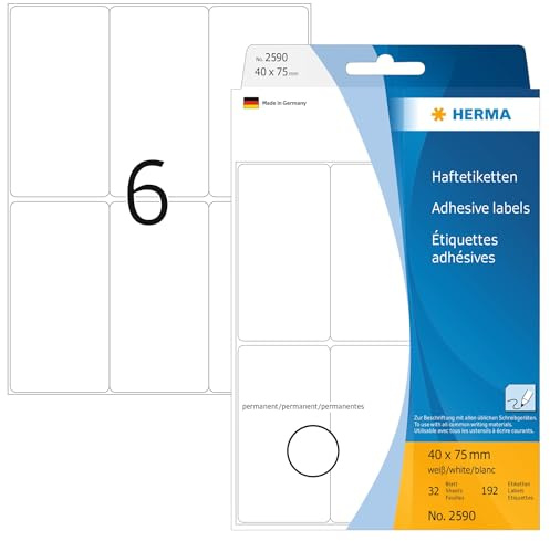 HERMA 2590 Vielzweck-Etiketten, 192 Stück, 40 x 75 mm, 6 pro Bogen, selbstklebend, Haushaltsetiketten zum Beschriften, matt, blanko Papier Klebeetiketten Aufkleber, weiß