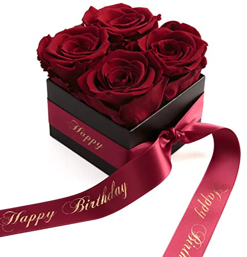 Infinity Rosenbox Happy Birthday - Rosenbox mit infinity Rosen haltbar 3 Jahre - Geburtstagsgeschenk für Frauen (Happy Birthday, Dunkelrot)