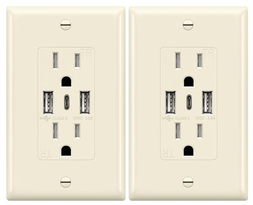 TOPGREENER 3-Port Type C USB Wall Outlet, 15 Amp Tamper-Resistant Receptacle Plug, Charging Power Outlet with USB Ports, UL Listed, TU21536AC3-LAWP-2PCS, Light Almond, 2 Pack