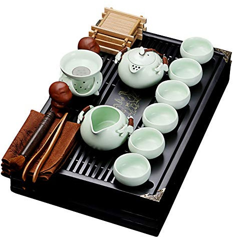 fanquare Kung Fu Servizio da tè in Ceramica con Vassoio e Piccoli Strumenti da tè, Cinese Set da tè in Porcellana, Bianco