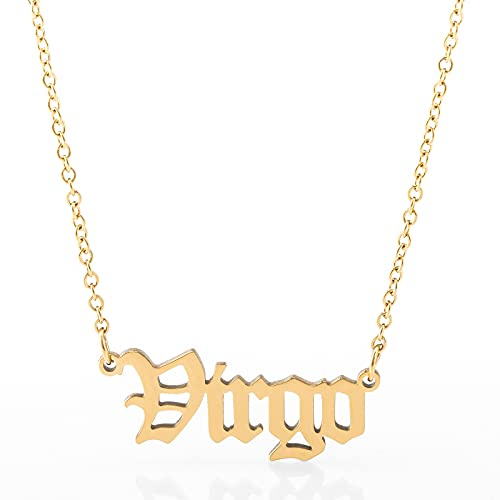 Minegreet Old English Zodiac Necklace for Women, Horoscope Birth Star Sign Letter Astrology Constellation Necklace Birthday Gift (Virgo-Gold)