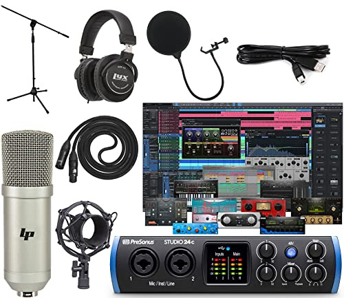 PreSonus Ensemble d'enregistrement avec interface audio/MIDI Studio 24c USB-C avec microphone à condensateur cardioïde LyxPro, filtre anti-pop, support anti-choc, câble XLR, support en métal, casque