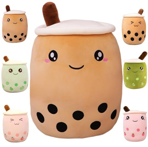 Kekeso Boba Stofftier Plüschkissen Weiches lebensechtes Bubble Pearl Milk Tea Kuschelkissen Cartoon Plüsch Rückenkissen Geschenk Spielzeug (Brown-Big Eyes, 25cm/9.84inch)