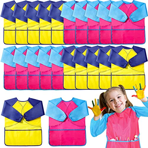Janmercy 24 Pcs Waterproof Kids Art Smocks bulk Children Artist Painting Smocks with Long Sleeve Toddler Art Painting Apron for Age 2-7 Baking Eating (Colorful)