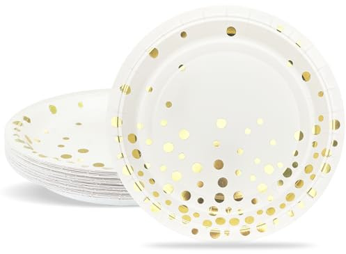 ZVK Papperstallrik, guldfolie partytallrik 18 cm festservis tallrikssats, vit med guldtryck prickade 24 stycken papper desserttallrik för brudfest, jubileum, alla hjärtans dag, babyshower