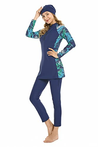 FOKULUNDA Costumi da Bagno Modesti da Donna Hijab Sport Costume da Bagno a Maniche Lunghe 3pcs Burkini Islamico Costume da Bagno(S, FS9)