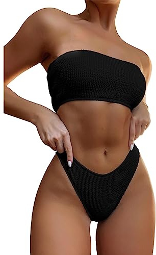 TOEECY Conjuntos de Bikinis para Mujer Sin Tirantes Push Up Cintura Alta Traje De Baño Acolchados Retro Bañador 2 Piezas Bikinis Viajes Playa La Natacion (Negro,L)