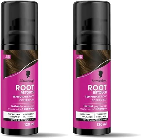 Schwarzkopf Root Retouch, Vegan, Temporary Dye Instant Brunette Hair Root Concealer, Grey Coverage, 40 Applications, 1 Wash, Dark Brown, 120ml, (Pack of 2)