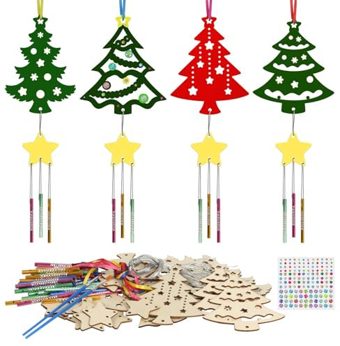 WEDNOK 12 Stück Weihnachtsbaum Windspiel Bastelset mit Stern Weihnachten Basteln Kinder Holz Weihnachtsdeko Bastelhandwerk zum Bemalen Kreativsets Klangspiele für Mädchen Jungen Weihnachten Winter