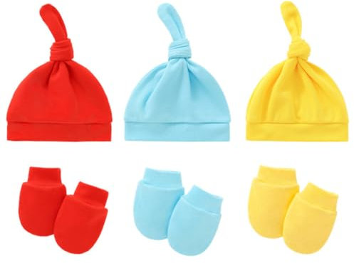 3 Paar kratzfeste Kinderhandschuhe und Beanie, schützende Baumwollkappen, Set für Kinder, Einheitsgröße, Baumwolle, Kein Edelstein