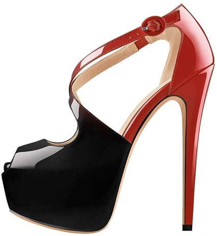 blingqueen Damen Plateau Pumps Peeptoe High Heels Sandaletten Stiletto Absatz Sandalen Kreuzriemchen Schwarz Rot 40 EU