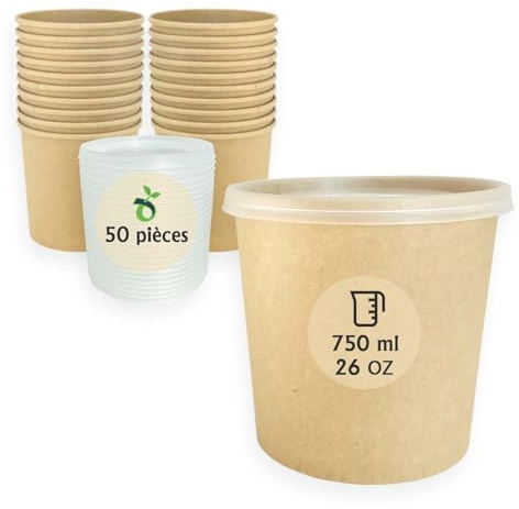ECOPICNIC 50 Stück Einweg Suppenbecher mit Polypropylene Deckel, PP| 750 ml braun, 26 oz Eisbecher, Suppen-Becher to Go, nachhaltige Pappbecher mit PE Innenbeschichtung für heiße Speisen