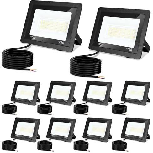 Jiubiaz LED Strahler Außen 30W, 3000K/4000K/6500K LED-Strahler Dimmbar, Superhell Fluter Flutlichtstrahler, IP66 Wasserdicht Scheinwerfer Aussenstrahler für Hof, Garten, Garage(10 Stück)