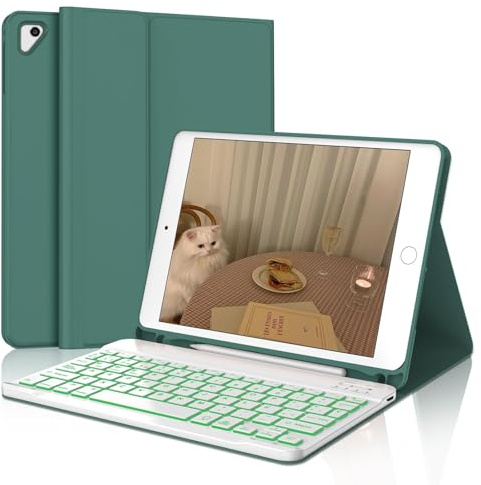 Funda Teclado para iPad 6/5 Generacion 9.7/Air 2/Air 1/Pro 9.7 Pulgadas | Capa Keyboard Retroiluminado de 7 Colores QWERTY Español Ñ, Bluetooth Magnético Desmontable con Portalápices, Verde oscuro
