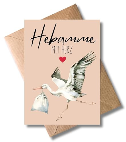 Dankeskarte für Hebamme mit Herz mit Umschlag – liebevolles Design mit Storch Illustration - Geschenk zur Geburt für Wochenbett, Babyzeit, Betreuung, Dankeschön (DIN A6)