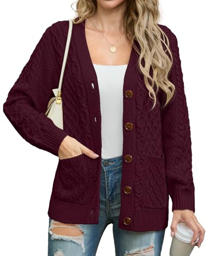 GRECERELLE Womens Cardigans Knit Aran Cable Long Sleeve Button Down Oversized Ladies Jumper Cardigan Knitwear with Pockets for Winter Fall Spring