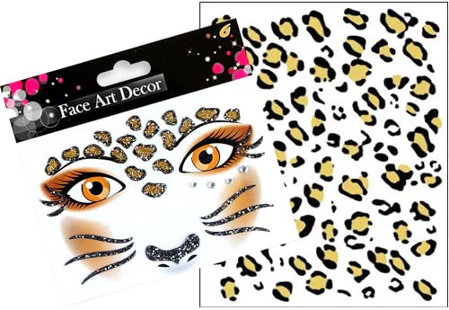 2 Stück Gesichtstattoo,Gesicht Leopard Ohren Tattoo Aufkleber Leoparden Karneval Glitzer Set Halloween Schminke Sticker Art Fasching Ablösbare Accessoires Gesichtssticker Damen,für Tattoos Temporäre