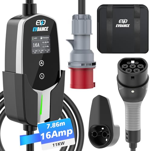 EVDANCE Mobile Wallbox 11kW Typ 2 Ladekabel CEE 16A auf Typ 2 | [7.8m 3-Phasig 6-16A] mit Einstellbarer Ladeleistung für Elektroauto, Silber