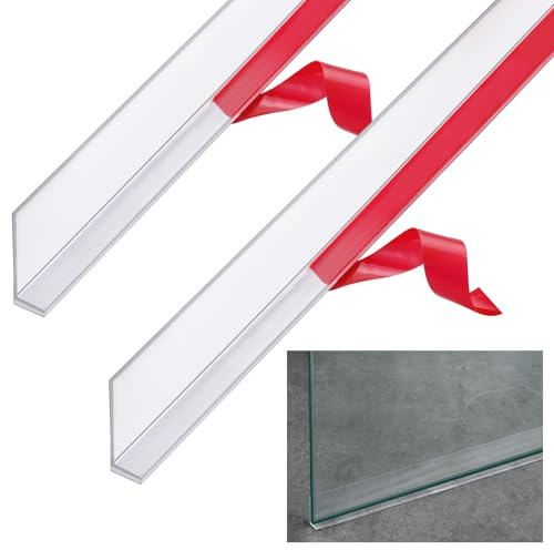 Newtay 2 Pcs Long Clear Vinyl L-Type Seal Strip with Pre-Applied Self Adhesive Shower Threshold Water Dam Barrier Bathroom Glass Door Seal Strip for Gap Frameless Shower Door