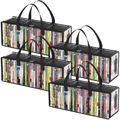Lifewit DVD-förvaringsväskor 4-pack, klar PVC DVD-fodralhållare med handtag, design med framruta, stapelbar mediaorganiserare för Blu Ray-skiva, filmfodral, VHS-box, rymmer 140 st DVD-skivor (35
