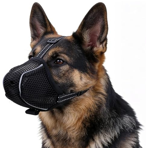 VZU Maulkorb für Hunde, Atmungsaktiv, Reflektierend, Verstellbarer Hundemaulkorb für Kleine Mittelgroße und Große, Verhindert Kauen, Fressen, Beißen, Mesh Haustiermaske (1, Schwarz, XL)