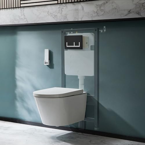 Milano Luxus White Wall Hung Japanese Bidet Toilet Tall Frame Cistern - Black Rectangular Plate