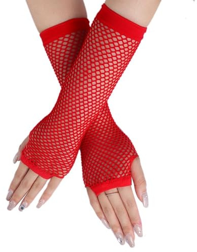 Anevous 1 Paar Damen Lange Netzhandschuhe,Spitze Handschuhes,80er Jahre Fischnetz Handschuhe Fingerlose,Netz Mesh Abendhandschuhe für Hochzeit,Kostümpartys und Cosplay Zubehör,Rot