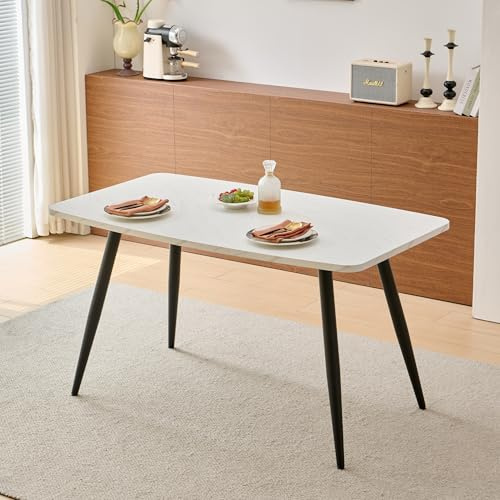 Weegstok Dining Table 140cm MDF Kitchen Table with Round Metal Legs, Modern Wooden Rectangular Dinner desk for 4-6 Person Dining Room, Restaurant, Apartments (Round Leg, White Marble, 140cm)