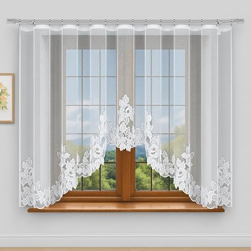 Gardinen Vorhangen Weiß 400x120 cm (BxH) Esposito Vorhang Elegante Fensterdekoration Kurze Bogen Fertig Zum Aufhängen Kräuselband 1:2 Blumen Muster