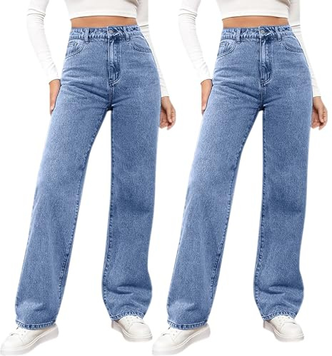 tacniseyw 2 jeans para mujer, cintura alta, pierna ancha, holgados, elásticos, pantalones de mezclilla Y2K, pantalones de mezclilla suaves y cómodos, pantalones de pierna recta para mujer, pantalones